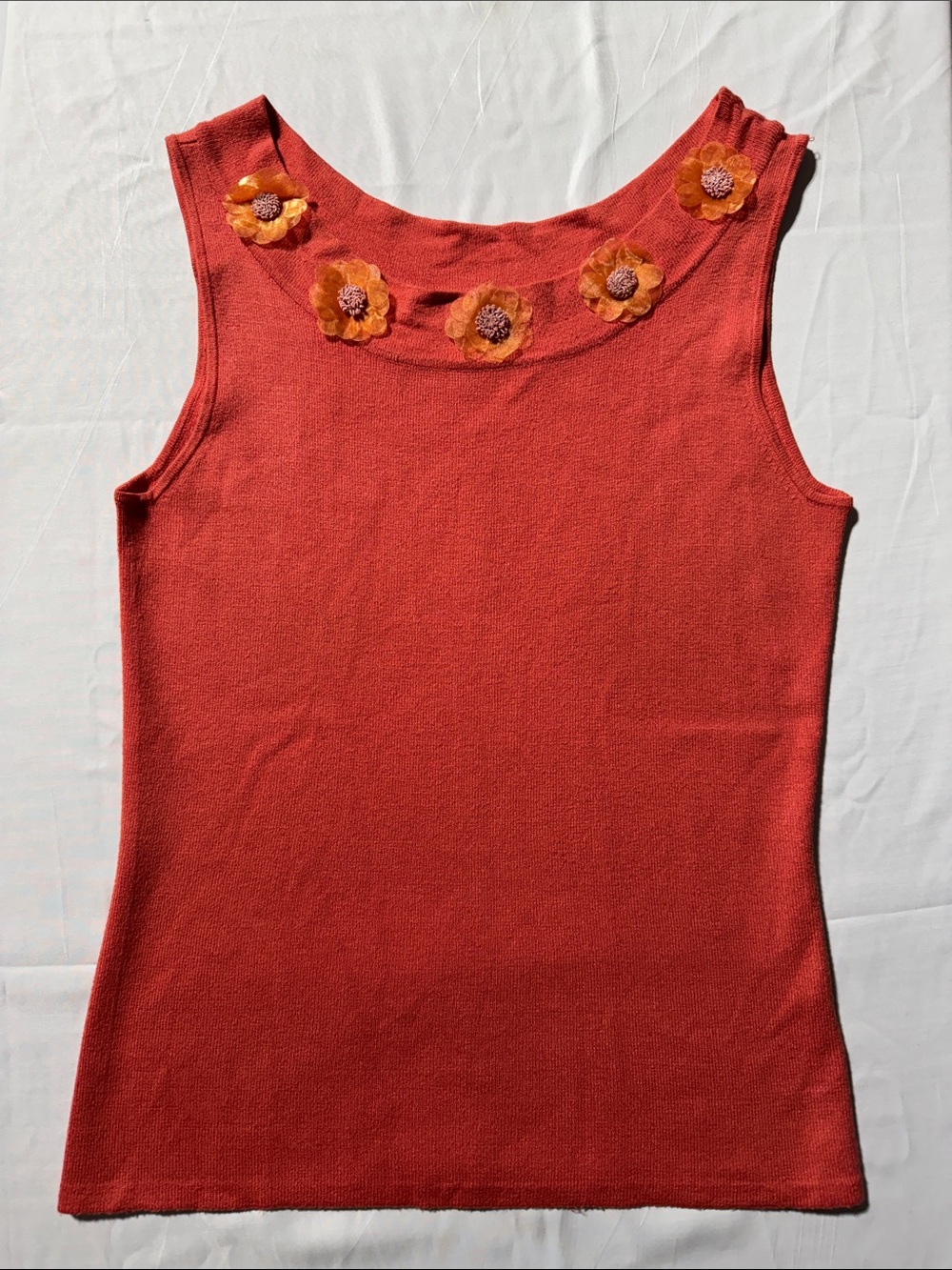 Larry Levine Coral Sleeveless Knit Tank with Floral Appliqués